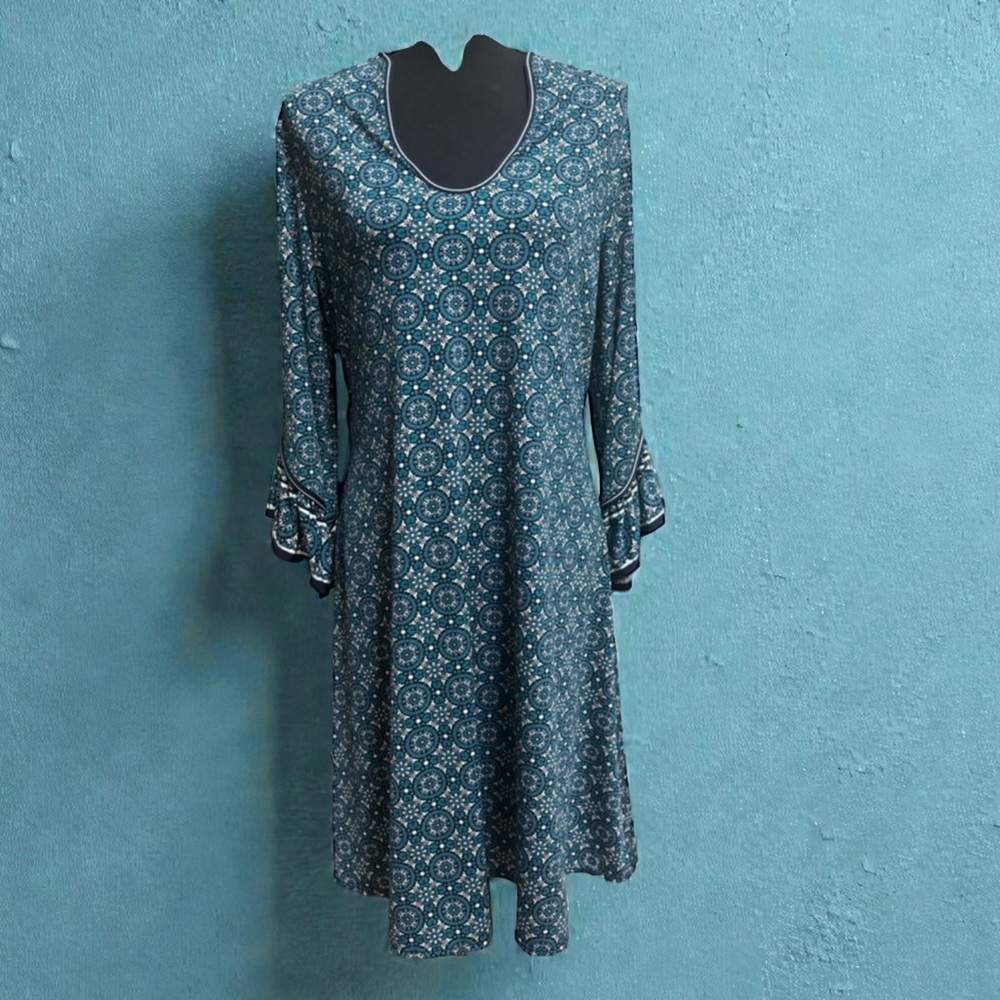 MAX STUDIO SCOOP NECK DRESS BLUE & WHITE GEOMETRIC PATTERN RUFFLE SLEEVE SZ L - Picture 9 of 9